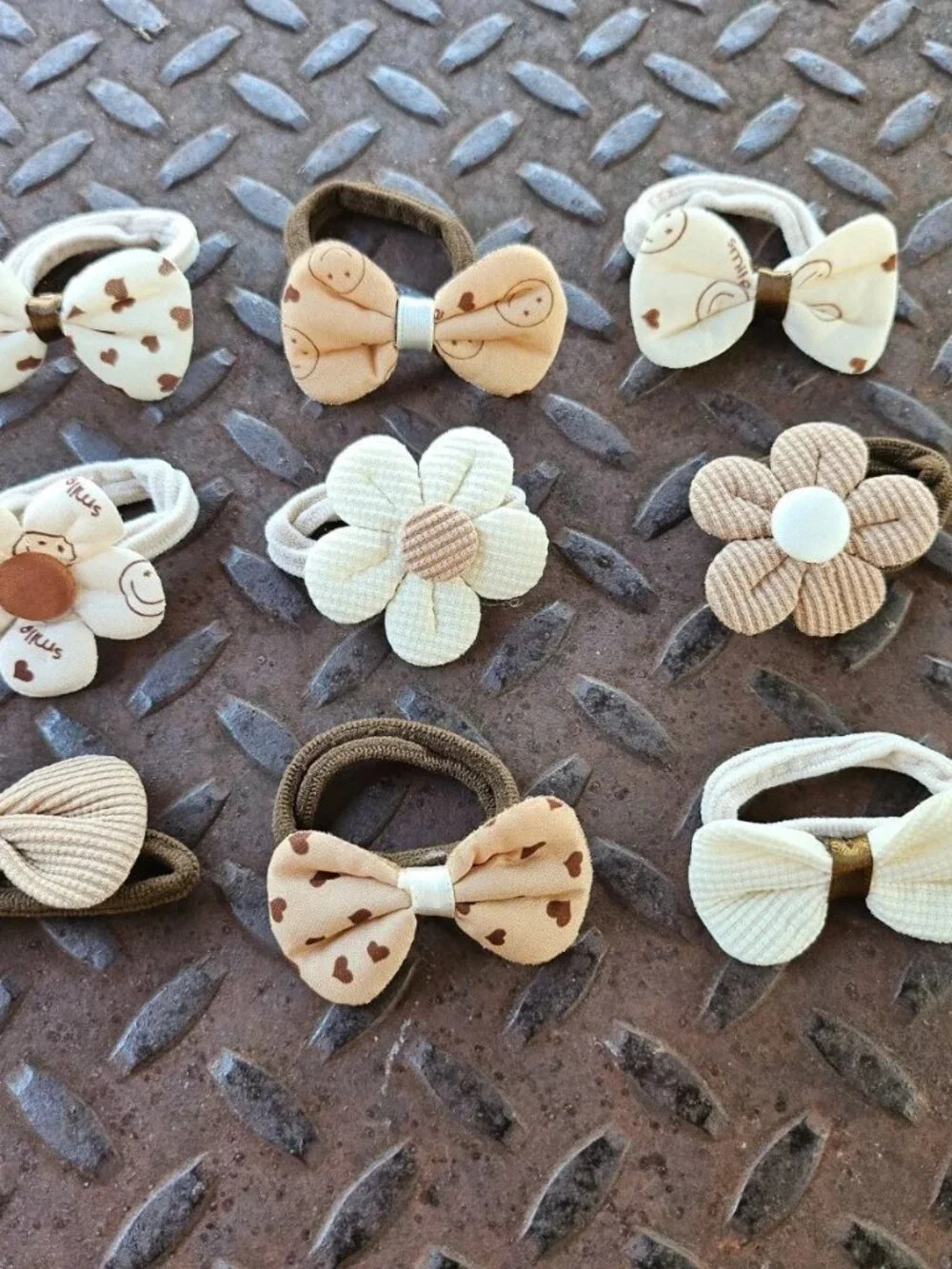 Girl Hair Ties Brown/Tan/Beige Tone Hair Accessories Flower Bow Style set of 9